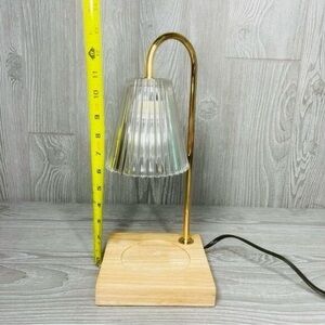 Modern Brass Desk Lamp with Ribbed Glass Shade and Wood Base
